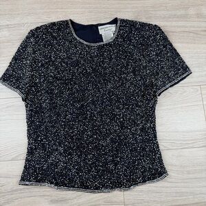 Adrianna Papell Evening Navy Beaded Short Sleeve Party Top Elegant Dressy Size 6